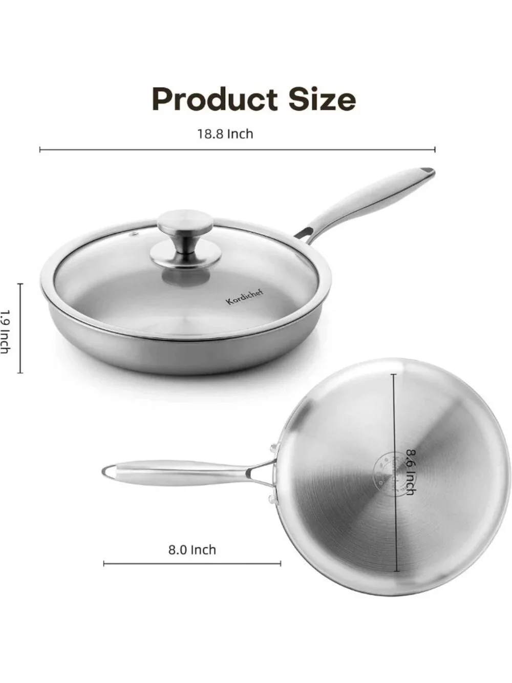 10-Inch Tri-Ply Stainless Steel Frying Pan with Lid - PFOA Free, Dishwasher Safe